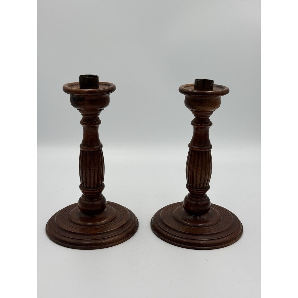 Vtg Wooden Candle Stick Holders Set of 2 Cottage Core Farmhouse Decor Brown